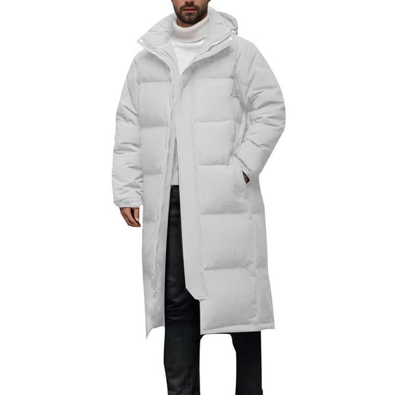IYTR Mens Puffer Jacket Long Sleeve Hooded Winter Long Coat Solid Color Puffer Jacket Windbreaker Outerwear (White,S)