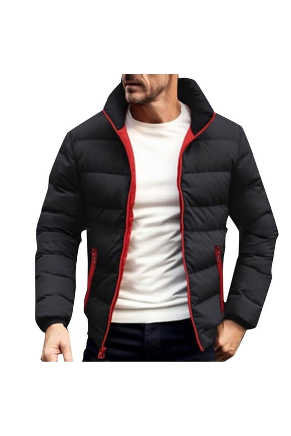 Mens Puffer Jacket Long Sleeve Packable Down Coat Stand Collar Warm Insulated Jacket Thermal Winter Coat (Black,L)