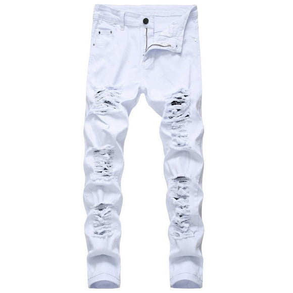 IYTR Mens Ripped Denims Fashion Pants Slim Jeans With Pockets Street Stylish Retro Jeans Comfy Casual Solid Color Button Zipper White M