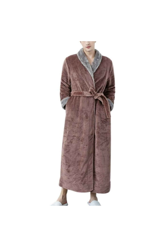 Mens Robe Couple Style Bathrobe Contrast Stitching Warm Winter Robe Soft Comfy Bathrobes Coffee L