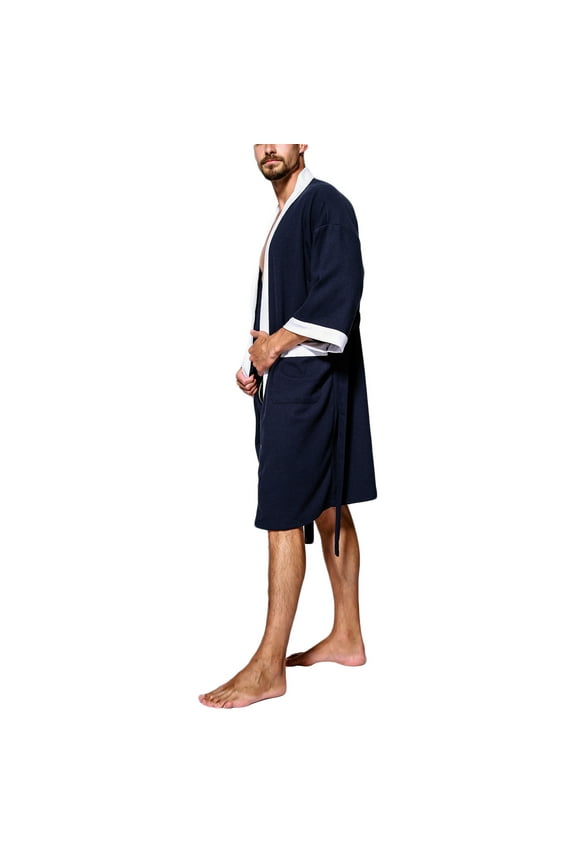 Mens Robe Couple Style Bathrobe With Pocket Casual Contrast Stitching Robe Soft Comfy Bathrobes Navy M