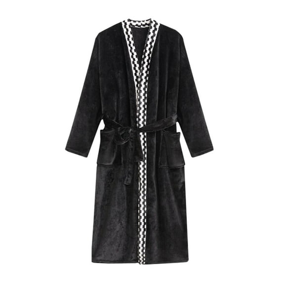 IYTR Mens Robe Flannel Bathrobe Thickened Coral Velvet Nightgown Long Home Clothes Black XXL
