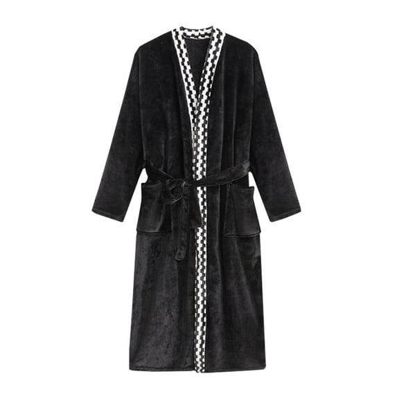 IYTR Mens Robe Flannel Bathrobe Thickened Coral Velvet Nightgown Long Home Clothes Black XXL