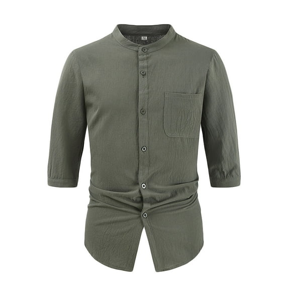 IYTR Mens Shirt Comfy Fashion Elbow-Length T Shirts Button Up Stand Up Collar Modern Stylish Daily Shirts With Pocket Casual Summer Solid Color Army Green XL
