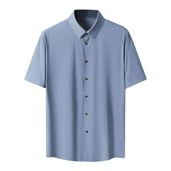 IYTR Mens Shirt Fashion Button Up Turndown Collar Casual Comfy Summer Solid Color Short Sleeve T Shirts Breathable Ice-Silk Stretch Business Shirt Gray XXXL