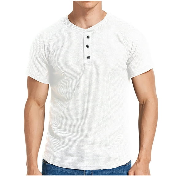 IYTR Mens Shirt Fashion Casual Solid Color Summer Comfy Short Sleeve T Shirts Button-up Round Neck Slim Workout Athletic Shirts White S