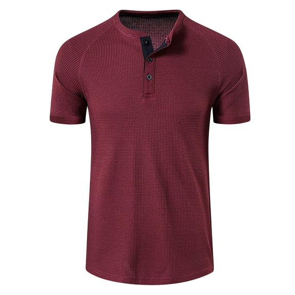 IYTR Mens Shirt Fashion Casual Solid Color Summer Comfy Short Sleeve T Shirts Button-up Round Neck Slim Workout Athletic Shirts Wine XL