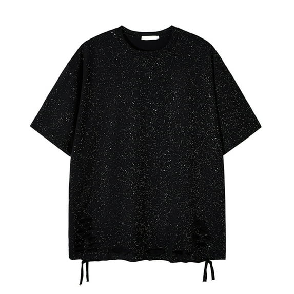 IYTR Mens Shirt Pullover Round Neck Hole Break Stylish Shirts Casual Solid Color Summer Fashion Short Sleeve T Shirts Comfy Black XXXXL