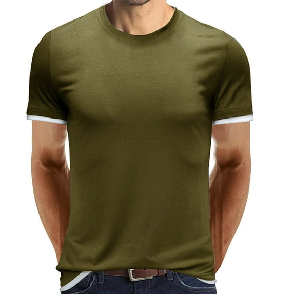 IYTR Mens Shirts Athletic Gym Workout Shirts Round Neck Short Sleeve T Shirts Casual Solid Color Slim Sports Daily Top Blouse Army Green XL