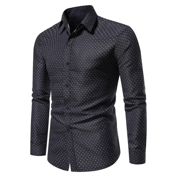 IYTR Mens Shirts Casual Business Dress Shirts Dot Printing Long Sleeve Button-Up Lapel no Black XL