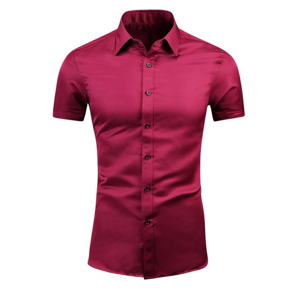 IYTR Mens Shirts Comfy Leisure Office Shirts Solid Color T-shirts Short Sleeve Button Lapel Shirts Red XXXXL