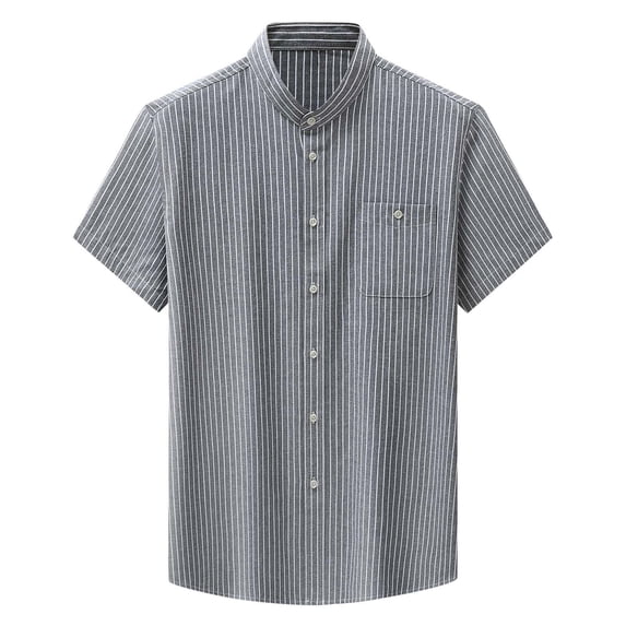 IYTR Mens Shirts Fashion Button-up Turndown Collar T-shirts Plus Size Loose Formal Commuter Shirts with Pocket Summer Striped Short Sleeve T Shirts Gray L