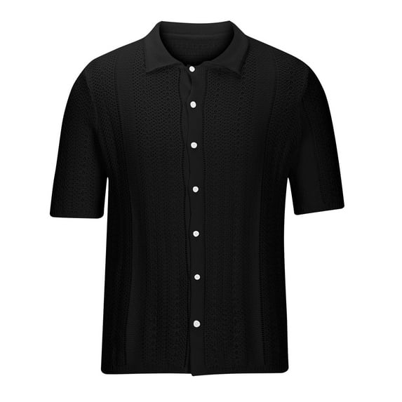 IYTR Mens Shirts Fashion Button-up Turndown Collar T-shirts Summer Solid Color Short Sleeve T Shirts Comfy Breathable Beach Shirts Black XXXL
