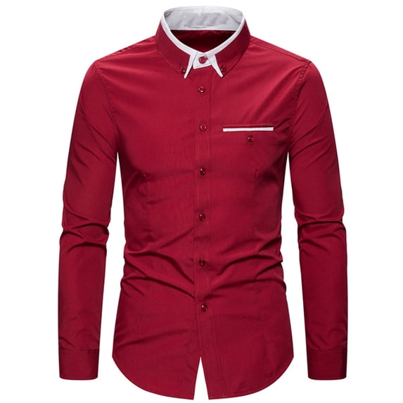 IYTR Mens Shirts Long Sleeve Shirts Casual Button-Up Turndown Collar Tops Formal Commuter Shirts Fall Fashion Solid Color Red XL