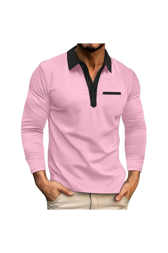Mens Shirts Long Sleeve Sweater Casual Button-Up Turndown Collar Stylish Fitness Workout Shirts Fall/Winter Fashion Patchwork Pink XXXL