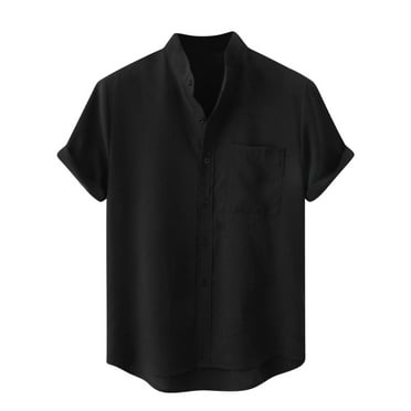 IYTR Mens Shirts Loose Comfy Beach Shirts with Pocket Solid Color T-shirts Short Sleeve Button Stand Collar Shirts Black XL