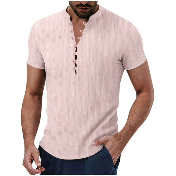 IYTR Mens Shirts Short Sleeve Comfortable Loose Casual Classic Solid Color T Shirts Gym Shirts Men Summer V-Neck Button Blouses (Pink,M)