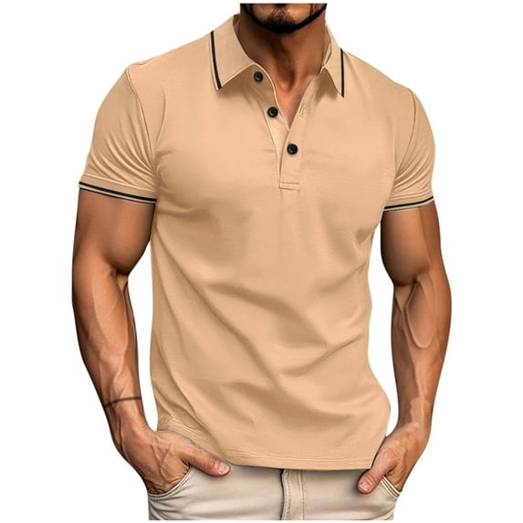 IYTR Mens Shirts Short Sleeve Loose Lapel Button Casual Comfortable Classic Solid Color T Shirts Gym Shirts Men Summer Blouses (Khaki,XL)