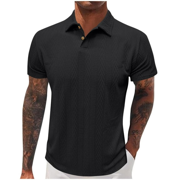 IYTR Mens Shirts Short Sleeve Mens T Shirts Fashion Business Casual Lapel Button Leisure Loose Solid Color Classic Tshirt Blouses(Black,L)
