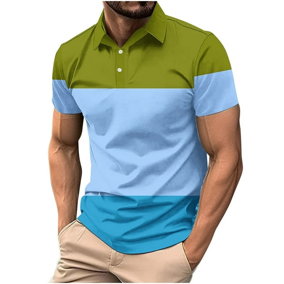 IYTR Mens Shirts Short Sleeve Mens T Shirts Leisure Loose Gradient Color Classic Tshirt Business Casual Lapel Button Fashion Blouses(Army Green,XL)
