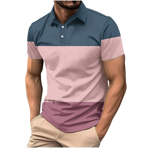 IYTR Mens Shirts Short Sleeve Mens T Shirts Leisure Loose Gradient Color Classic Tshirt Business Casual Lapel Button Fashion Blouses(Pink,XL)