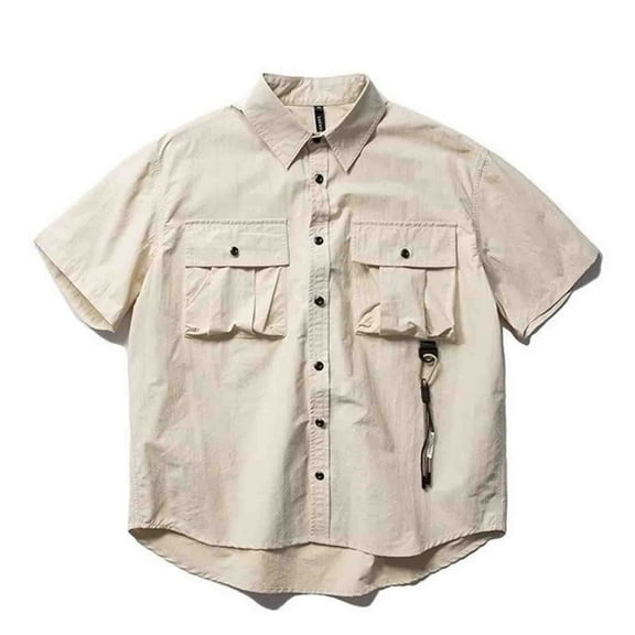 IYTR Mens Shirts Short Sleeve Solid Color Classic Tshirt Lapel Button Shirt with Pocket Mens T Shirts Fashion Leisure Loose Blouses(Beige,M)