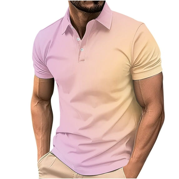 IYTR Mens Shirts Short Sleeve T Shirts Summer Gradient Color Fashion 3-button Turndown Collar T-shirts Leisure Sport Shirts Pink XL