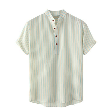 IYTR Mens Shirts Striped Fashion Short Sleeve T Shirts Button Down Stand-up Collar Hawaiian Beach Shirts Casual Comfy Summer Blue XXL