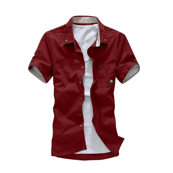 IYTR Mens Shirts Summer Slim Fit Daily Work Shirts Casual Comfy Solid Color Fashion Button-up Turndown Collar Short Sleeve T Shirts Wine XXXL