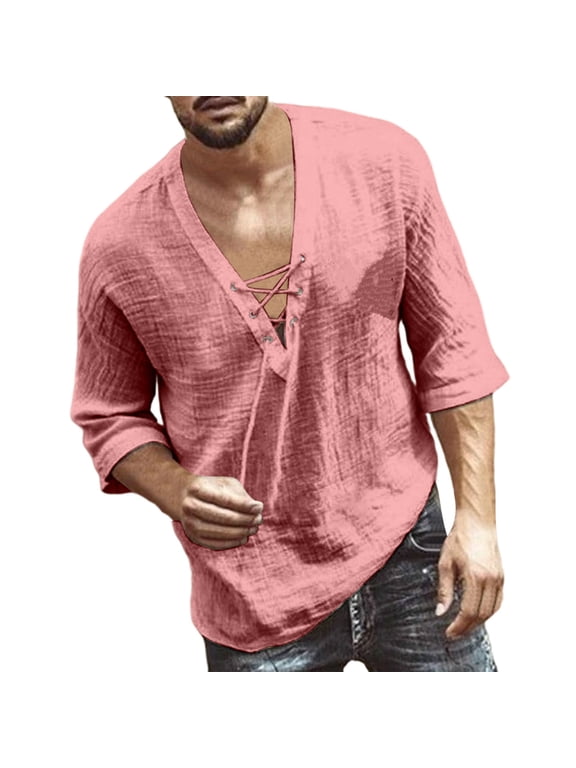 Mens Shirts V-Neck 3/4 Sleeve Lace Up Shirt Casual Summer Beach Vacation Boho Loose Fit Solid Color Relaxed Top (Red,M)