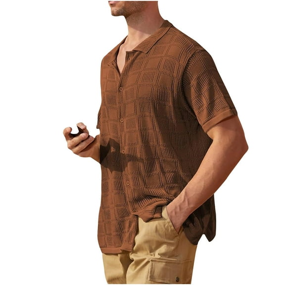 IYTR Mens Shirts Vintage Knit Hollow Out Beach Shirts Casual Comfy Summer Fashion Solid Color Short Sleeve T Shirts Button Down Turndown Collar Brown XL