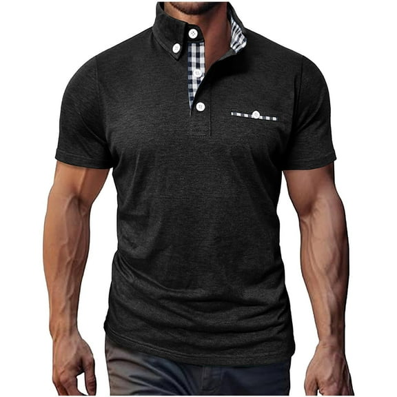 IYTR Mens Short Sleeve Shirts Fashion Mens T Shirts Leisure Loose Solid Color Classic Tshirt Button Stand Collar Shirts Blouses(Black,XXL)