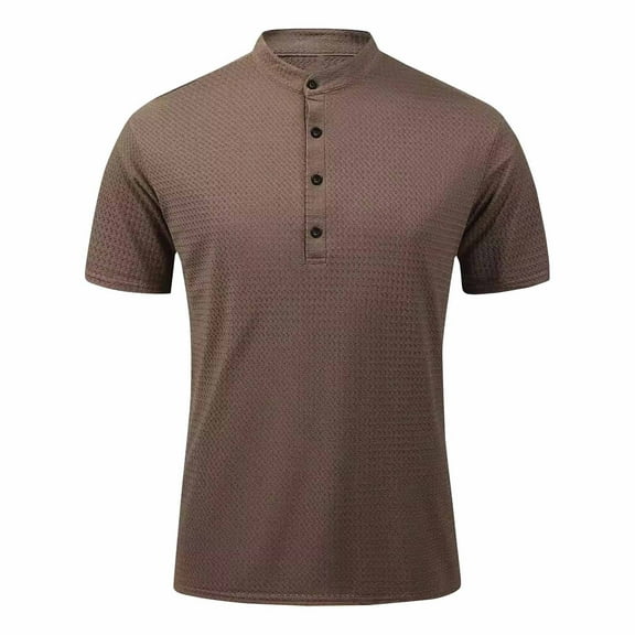 IYTR Mens Short Sleeve Shirts Leisure Solid Color Classic Tshirt Mens T Shirts Loose Business Casual Button Stand Collar Fashion Blouses(Coffee,M)