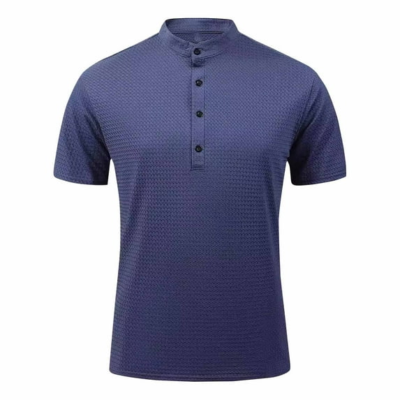 IYTR Mens Short Sleeve Shirts Leisure Solid Color Classic Tshirt Mens T Shirts Loose Business Casual Button Stand Collar Fashion Blouses(Navy,XXXL)