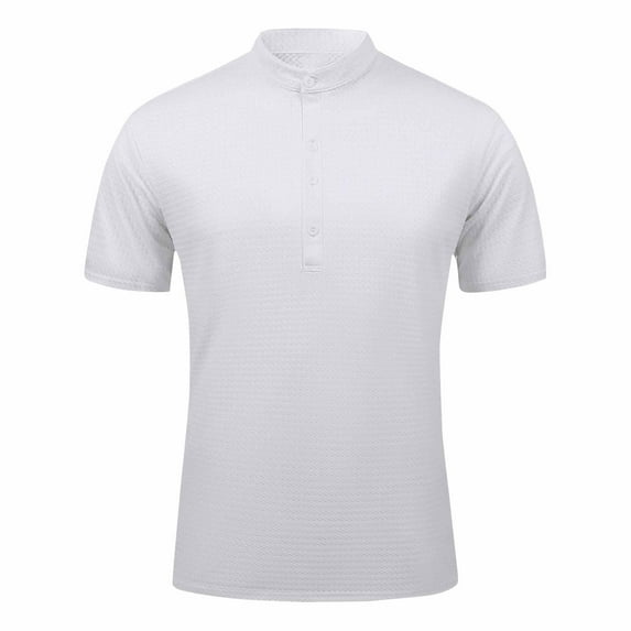 IYTR Mens Short Sleeve Shirts Leisure Solid Color Classic Tshirt Mens T Shirts Loose Business Casual Button Stand Collar Fashion Blouses(White,S)