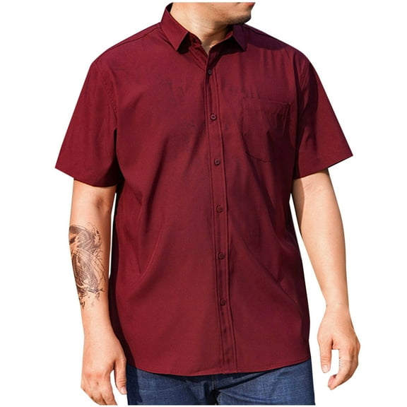 IYTR Mens Short Sleeve Shirts Loose Business Casual Button Lapel Shirts Mens T Shirts Fashion Solid Color Classic Tshirt Leisure Blouses(Wine,XL)