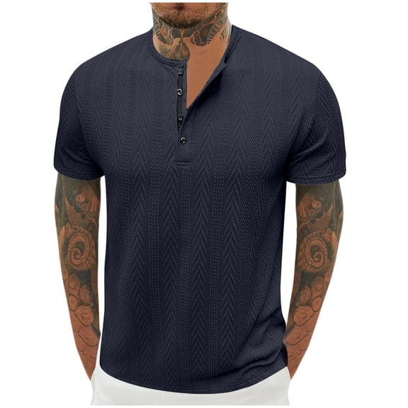 IYTR Mens Short Sleeve Shirts Mens T Shirts Fashion Button Crew Neck Sports Leisure Solid Color Classic Tshirt Loose Blouses(Blue,M)