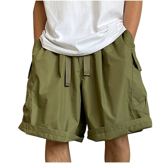 IYTR Mens Shorts Casual Outdoor Athletic Shorts Summer Solid Color Drawstring Elastic Waist Shorts Lightweight Straight Shorts Army Green S