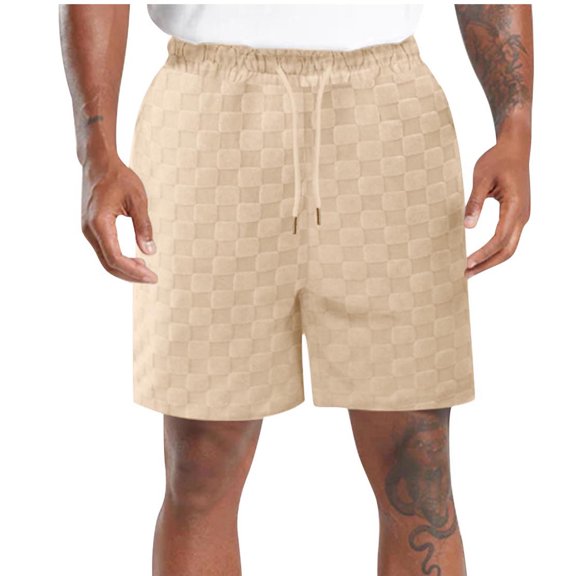 IYTR Mens Shorts Summer Checkered Drawstring Elastic Waist Shorts Loose Straight Shorts Fashion Outdoor Athletic Shorts Khaki S