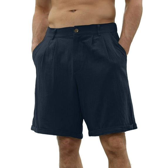 IYTR Mens Shorts Summer Solid Color Lightweight Elastic Waist Button Zipper Pocket Casual Shorts Cotton Linen Shorts Navy L