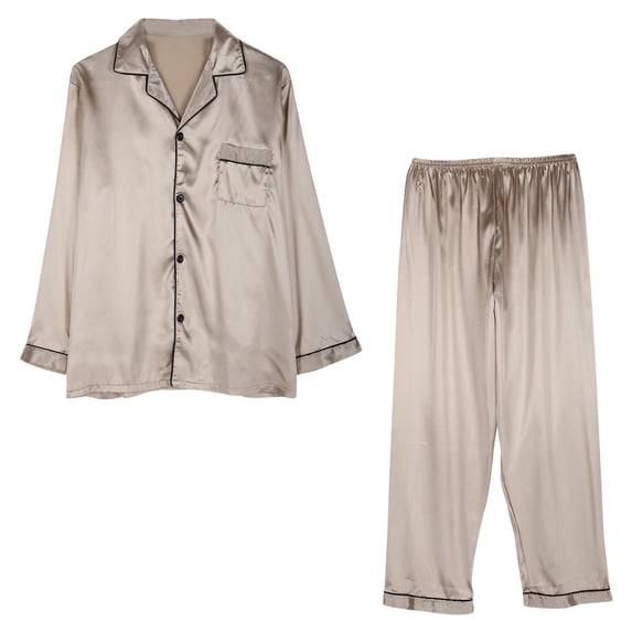 IYTR Mens Silk Satin Pajamas Sets Solid Color Lapel Long Sleeves and Long Pants Comfy Breathable Pajama Set Beige L