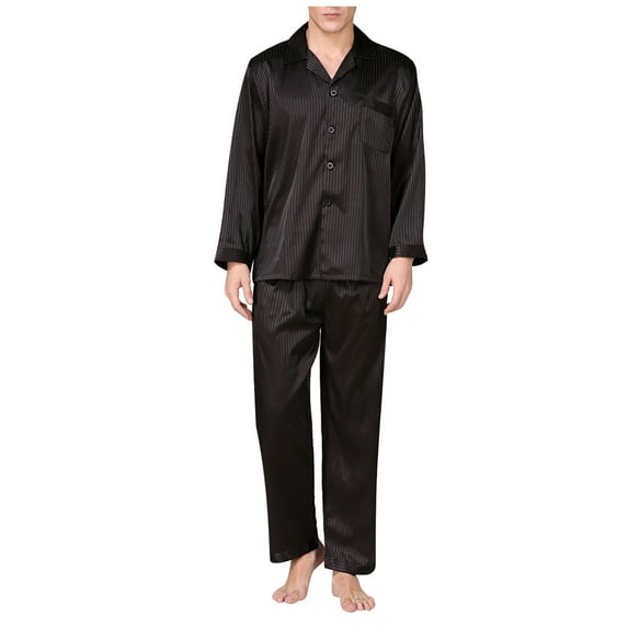 IYTR Mens Sleep Sets Solid Casual Striped Long Sleeve Pajamas Trousers With Pockets Button Closure Pajama Set Black L