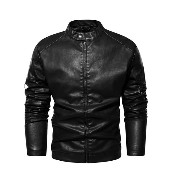 IYTR Mens Slim Punk Jacket Solid Color Long Sleeve Jacket Zipper Stand-up Collar Fashion Leather Jacket Coats with Pocket Black L