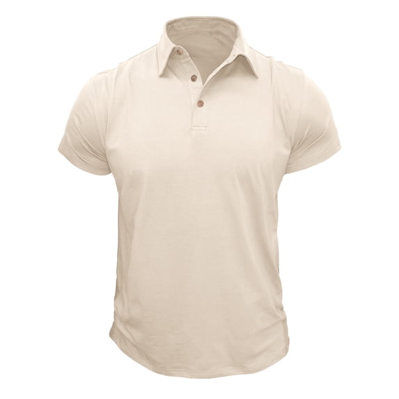 IYTR Mens Slim-fit Sport T-shirts Fashion Comfy Summer Solid Color Short Sleeve Shirts Lapel Regular Fit T-shirts Casual Beige L