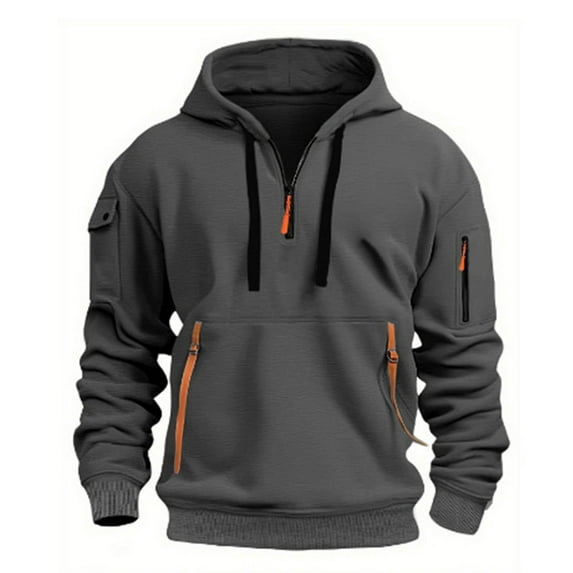 IYTR Mens Solid Color Pullover Sweatshirts Long Sleeve Multiple Pockets Drawstring Half Zipper Sport Hoodie