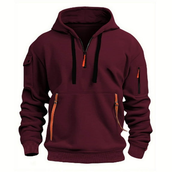 IYTR Mens Solid Color Pullover Sweatshirts Long Sleeve Multiple Pockets Drawstring Half Zipper Sport Hoodie