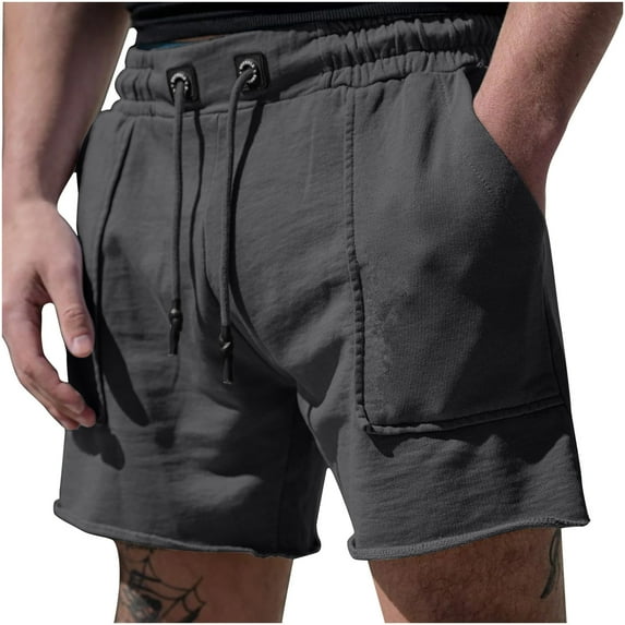 IYTR Mens Sports Shorts With Pockets Drawstring Elastic Waist Shorts Summer Fashion Solid Color Running Fitness Cargo Shorts Dark Gray M