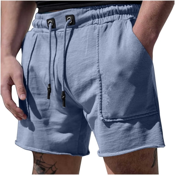 IYTR Mens Sports Shorts With Pockets Drawstring Elastic Waist Shorts Summer Fashion Solid Color Running Fitness Cargo Shorts Light Blue XXXL