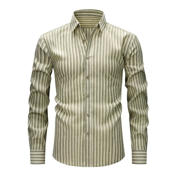 IYTR Mens Striped Long Sleeve Dress Shirt Trendy Casual Button Up Work Shirt Color Block Stretch Business Office Blouse (Khaki,L)