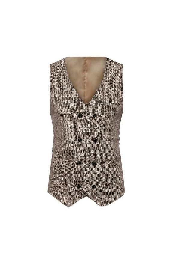 Mens Suit Waistcoat Sleeveless Jacket Button Up V-Neck Double Breasted Waistcoat Retro Suit Jacket with Pocket Solid Color Khaki XXL